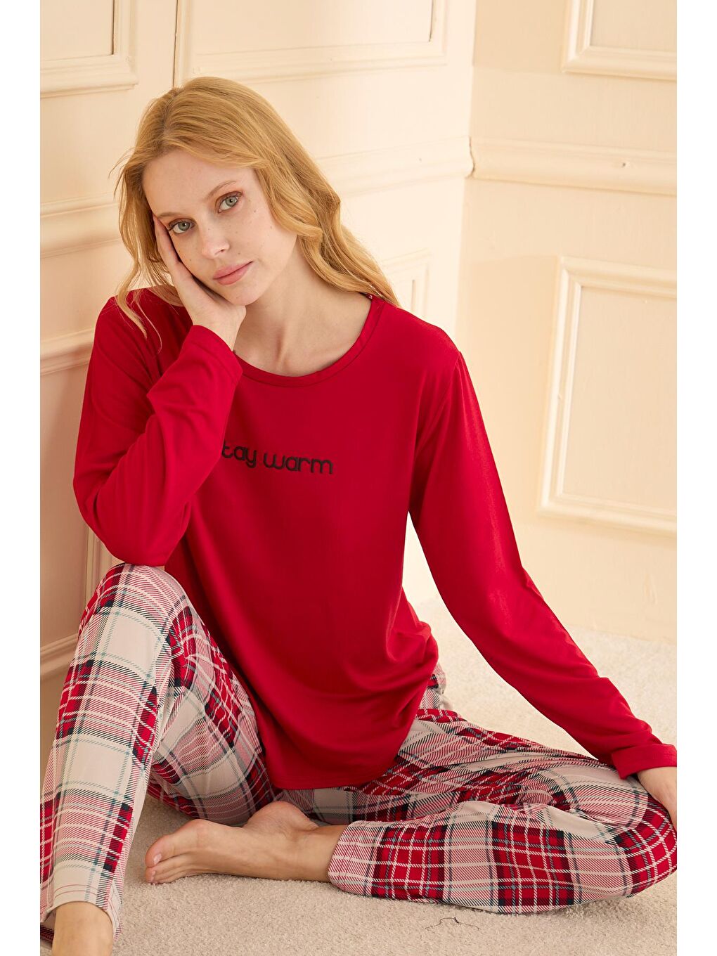 Kadın Milan Genç Bisiklet Yaka Pijama Takımı | Kırmızı 50902-2357-1