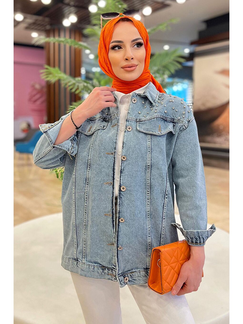 Gömlek Yaka Kadın Mavi Taşlı Jean Ceket - 23050-2