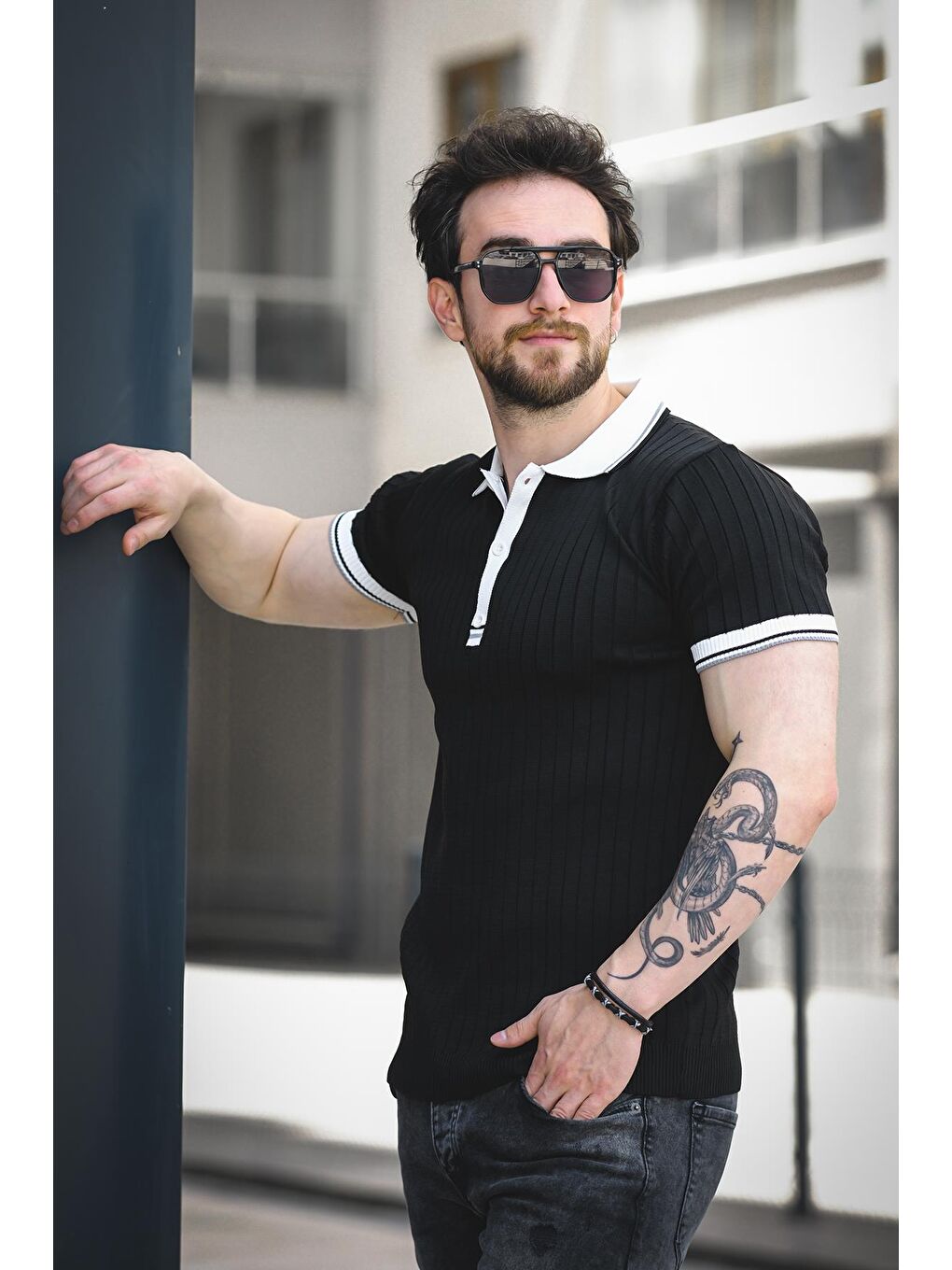 Siyah Ferruc Çizgili Elastanlı Slim Fit Renkli Polo Yaka Örme Erkek Triko Tshirt-1