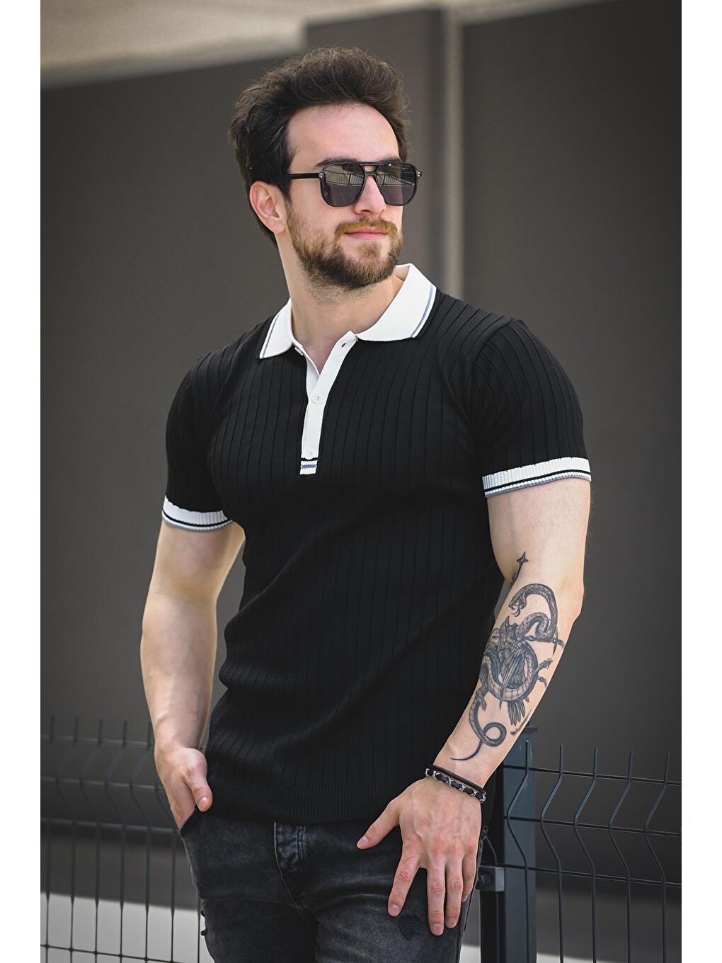 Siyah Ferruc Çizgili Elastanlı Slim Fit Renkli Polo Yaka Örme Erkek Triko Tshirt-2