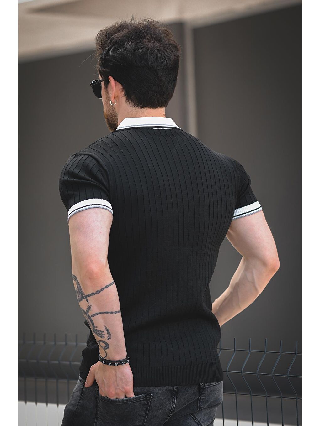 Siyah Ferruc Çizgili Elastanlı Slim Fit Renkli Polo Yaka Örme Erkek Triko Tshirt-3