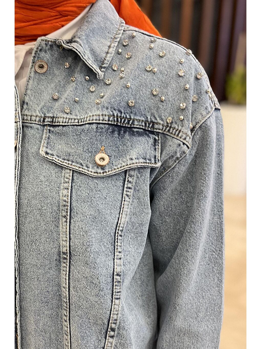 Gömlek Yaka Kadın Mavi Taşlı Jean Ceket - 23050-3