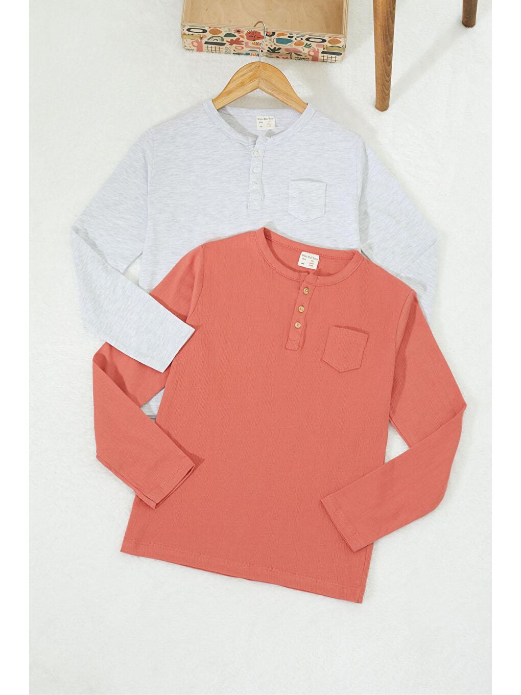 Erkek Çocuk Düğmeli Yaka 2li Sweatshirt Bej-Kiremit 17334