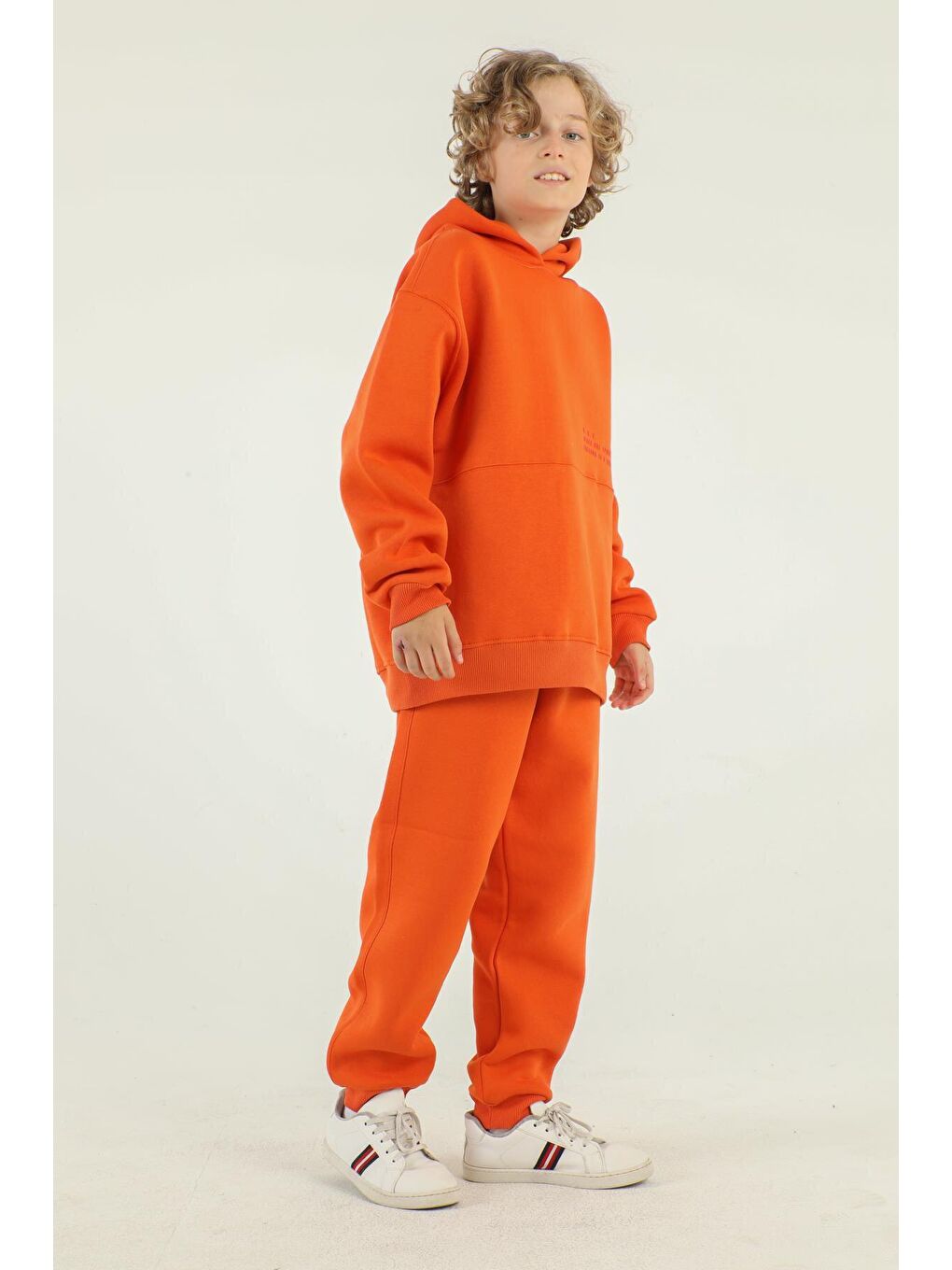 Turuncu Kapüşonlu Kargo Cepli Kalın Erkek Çocuk Eşofman Takımı-1