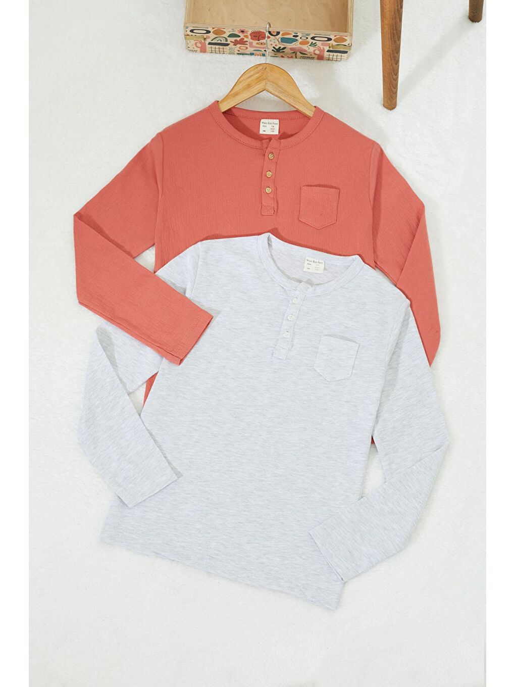 Erkek Çocuk Düğmeli Yaka 2li Sweatshirt Bej-Kiremit 17334-1