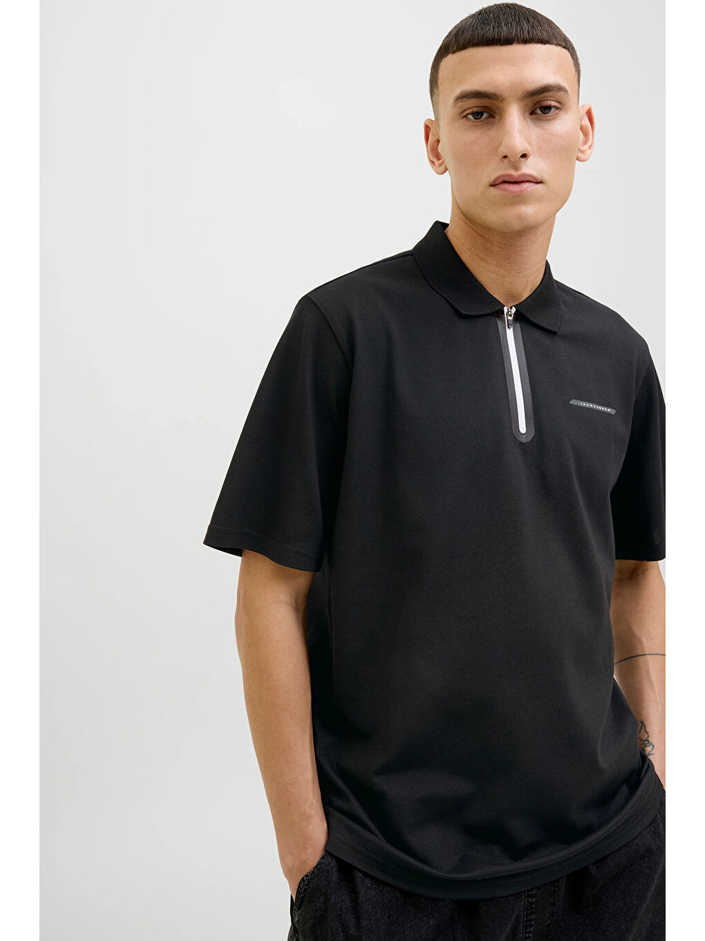 Siyah Core Jcofusion Pamuklu Regular Fit Yarım Fermuarlı Polo Yaka T Shirt 12273127-2
