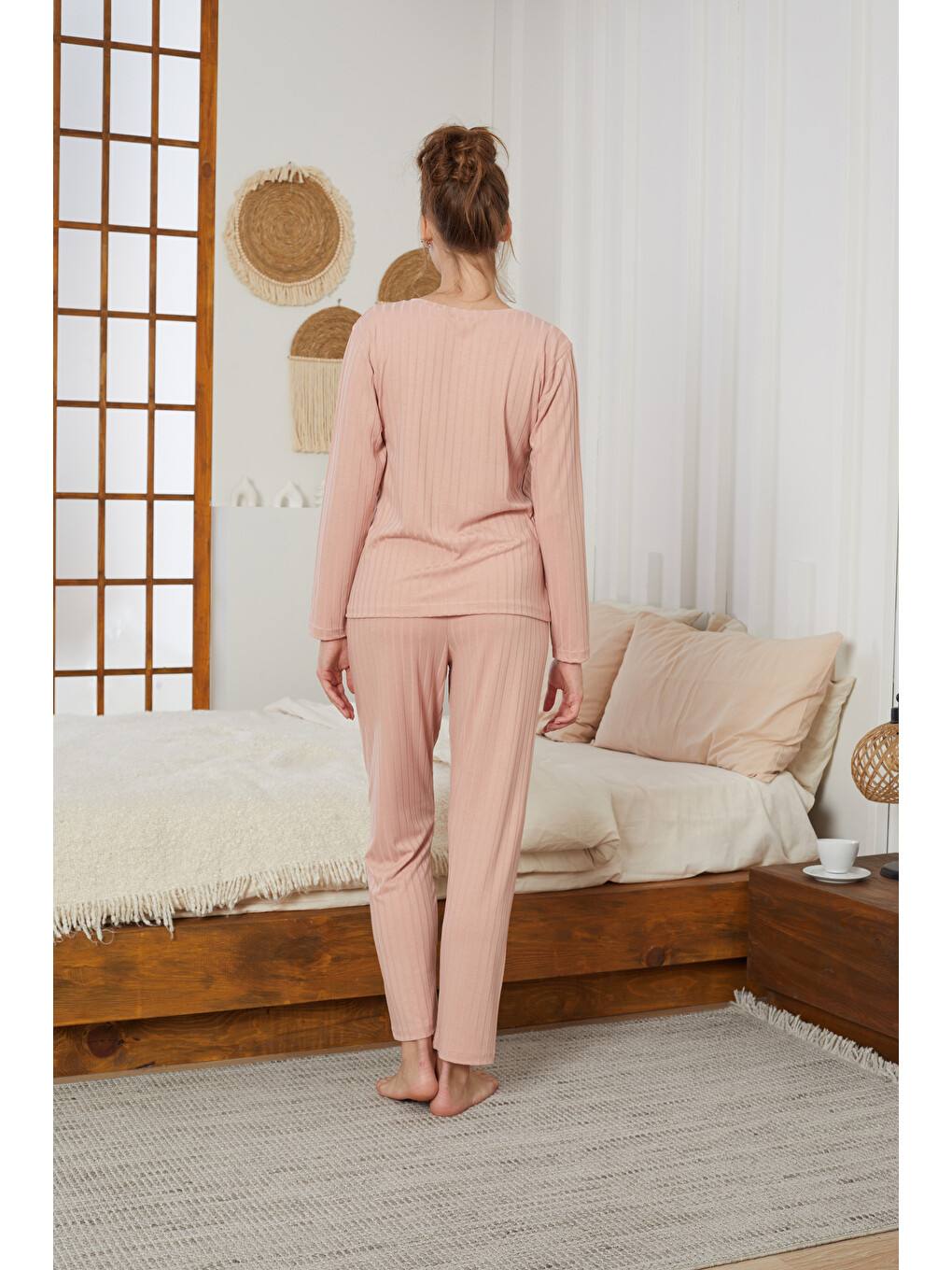Pembe Somon Kalp Nakışlı Fitilli Örme Pijama Takım25226003-1