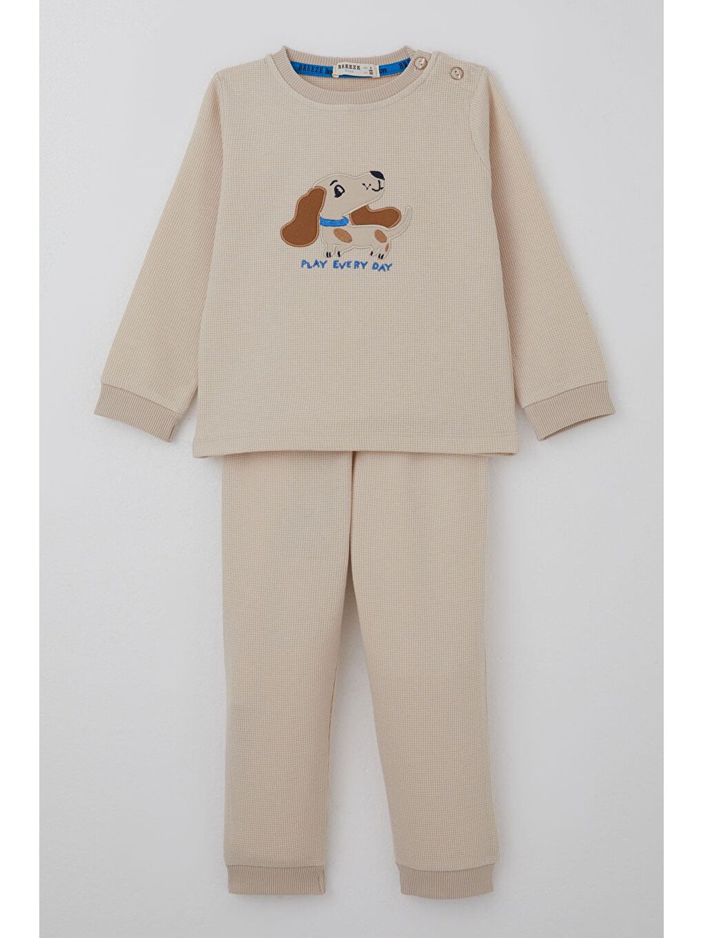 Ekru Erkek Bebek Eşofman Takımı Sevimli Köpekçik Nakışlı Krem (9 Ay-3 Yaş)