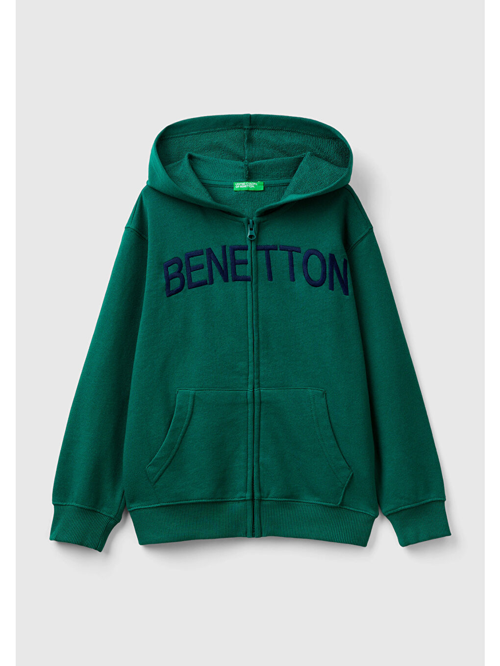 United Colors Of Benetton Koyu Yeşil Erkek Çocuk Çam Yeşili Önü Logo İşlemeli Fermuarlı ve Kapüşonlu Sweatshirt