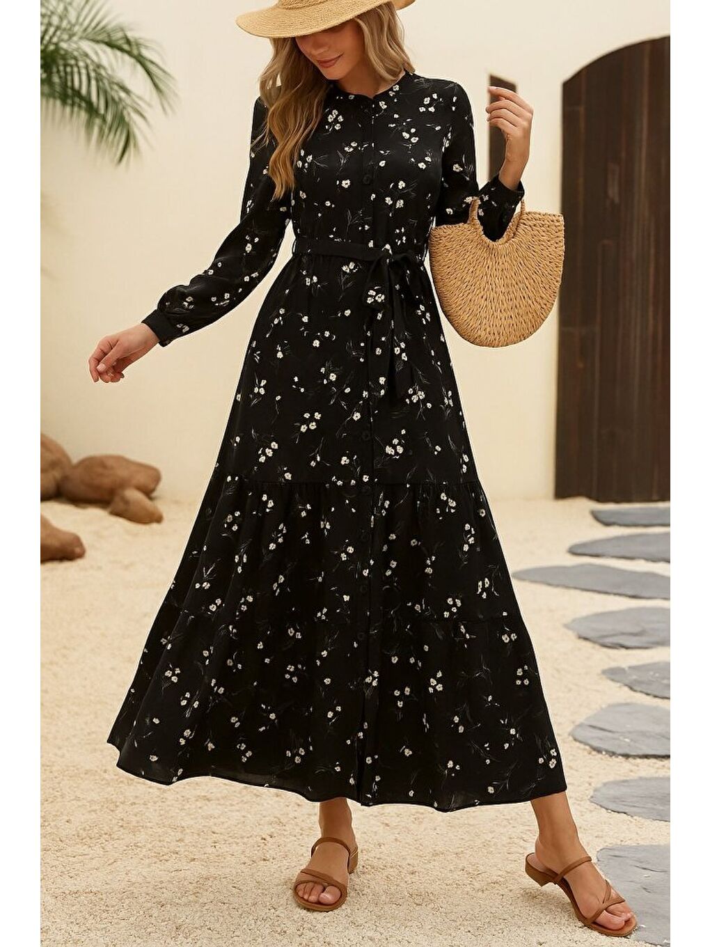 Siyah Kadın Uzun Kollu Hakim Yakalı Düğmeli Kuşaklı Desenli Maxi Mikro Süprem Elbise-4