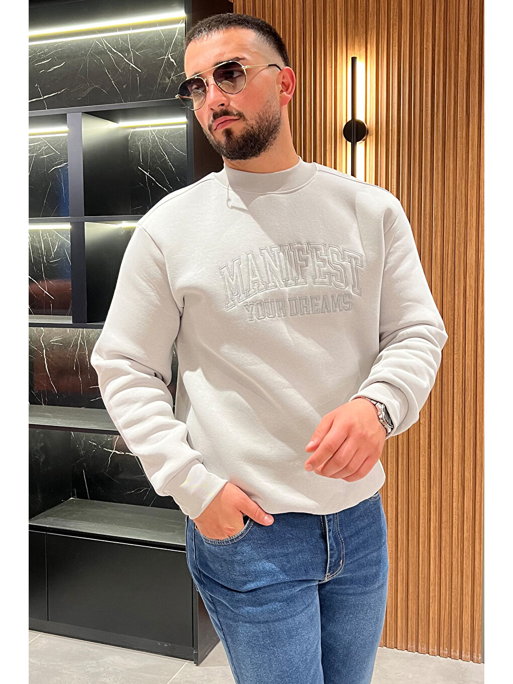 Mishar İtalia Gri Bisiklet Yaka Nakışlı Üç İplik Şardonlu Erkek Sweatshirt - 1