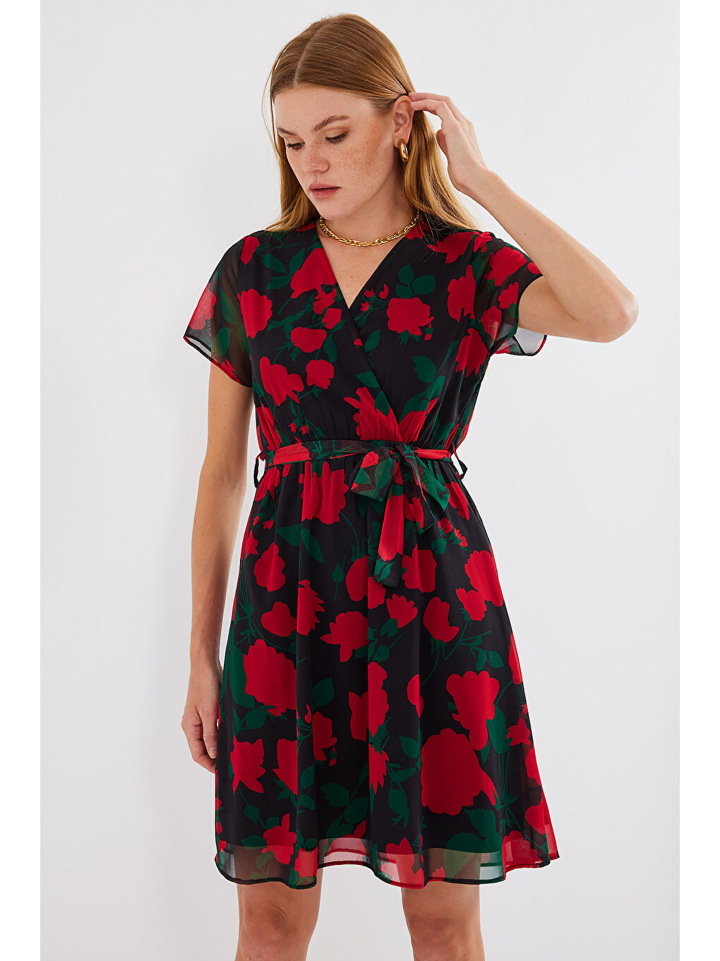 2502 Kısa Kol Desenli Şifon Elbise - Siyah