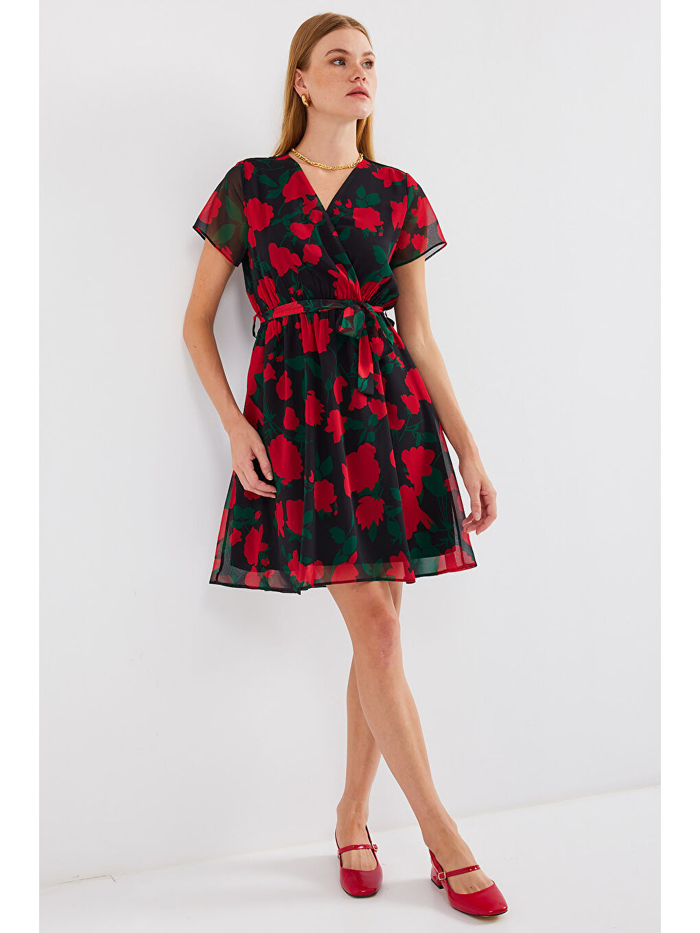 2502 Kısa Kol Desenli Şifon Elbise - Siyah-2