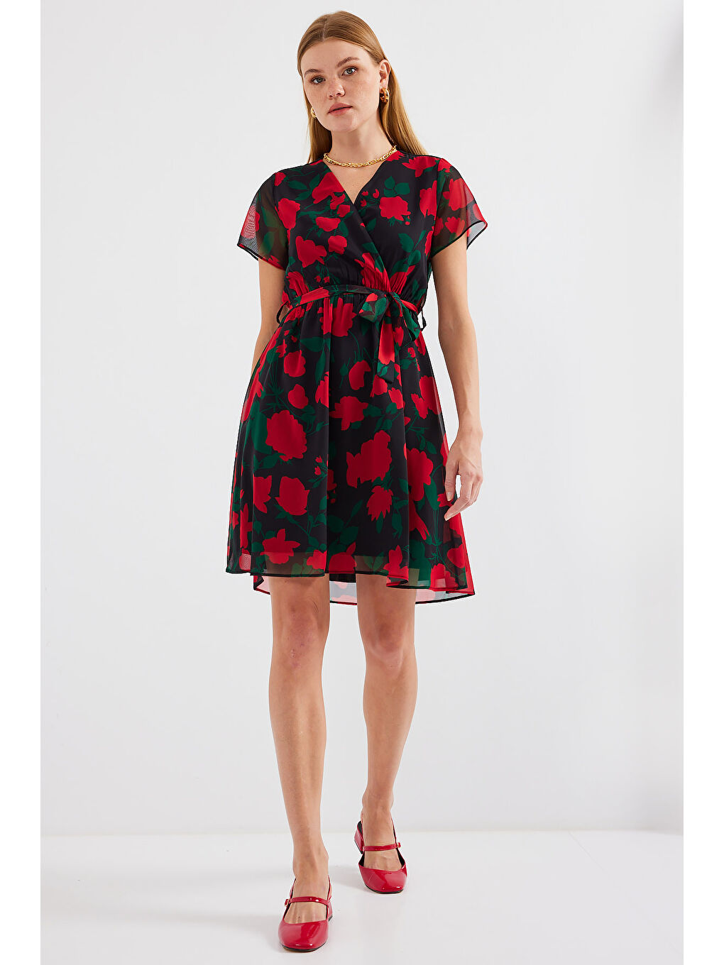 2502 Kısa Kol Desenli Şifon Elbise - Siyah-3