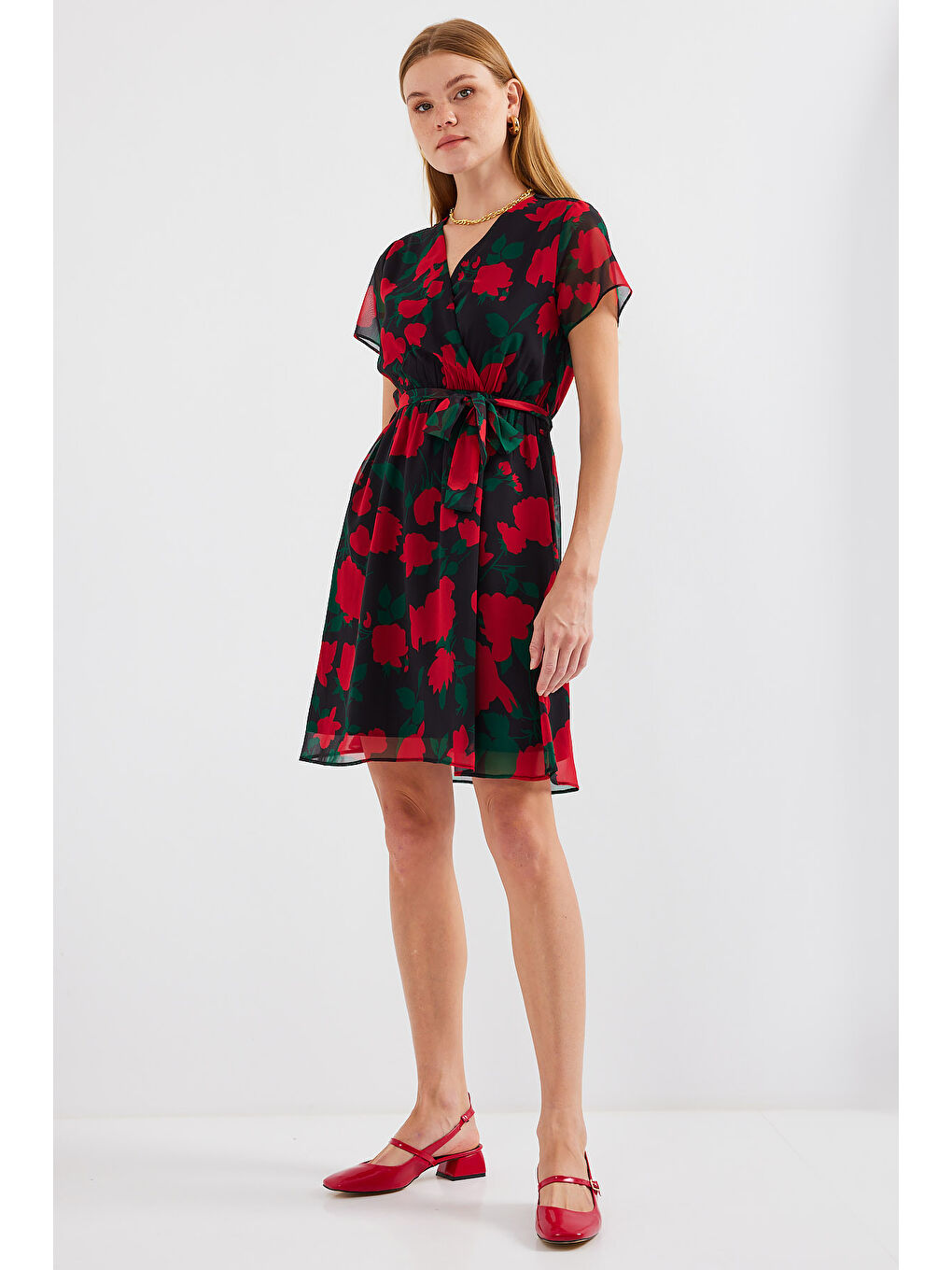 2502 Kısa Kol Desenli Şifon Elbise - Siyah-4