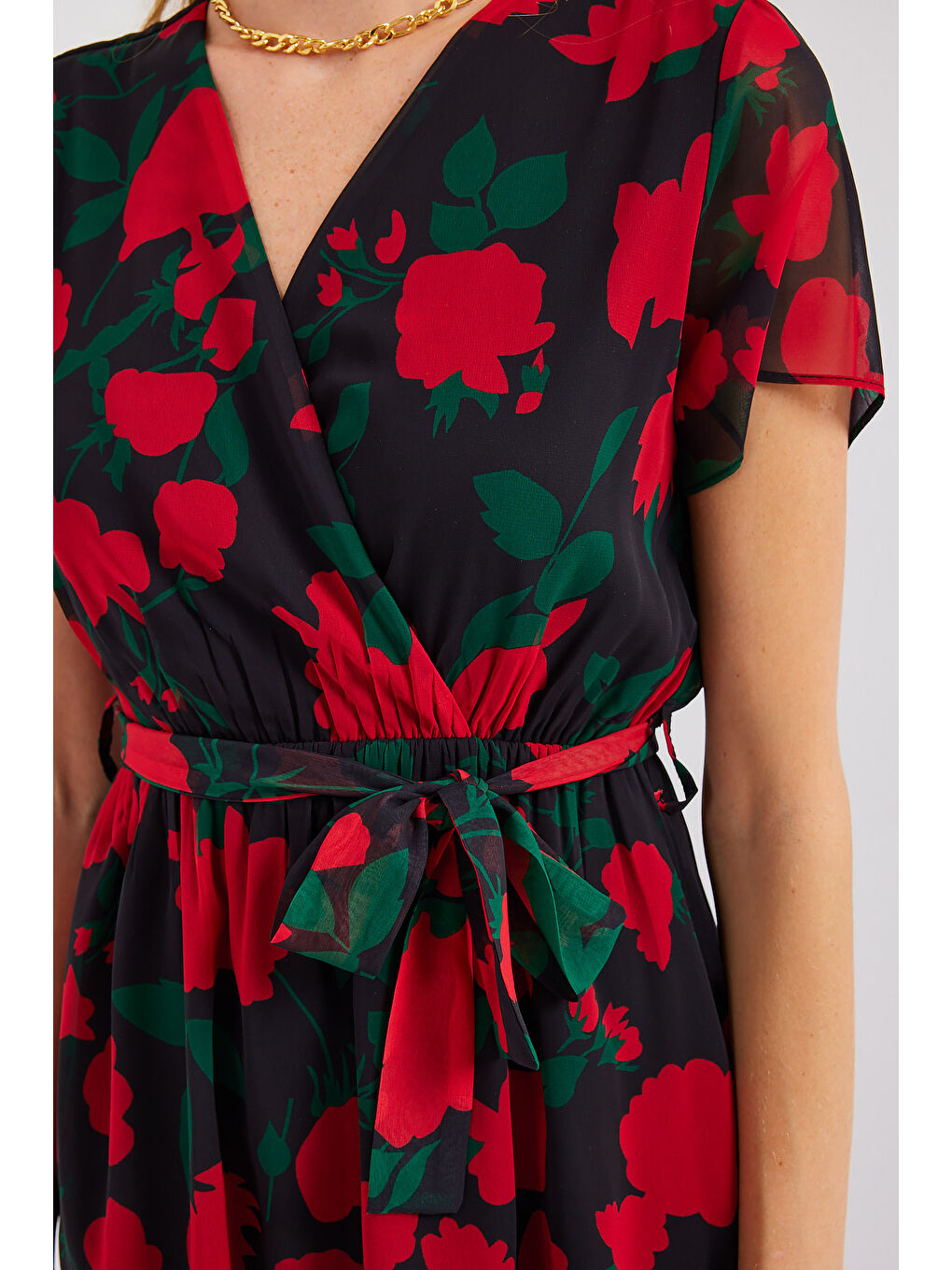 2502 Kısa Kol Desenli Şifon Elbise - Siyah-5