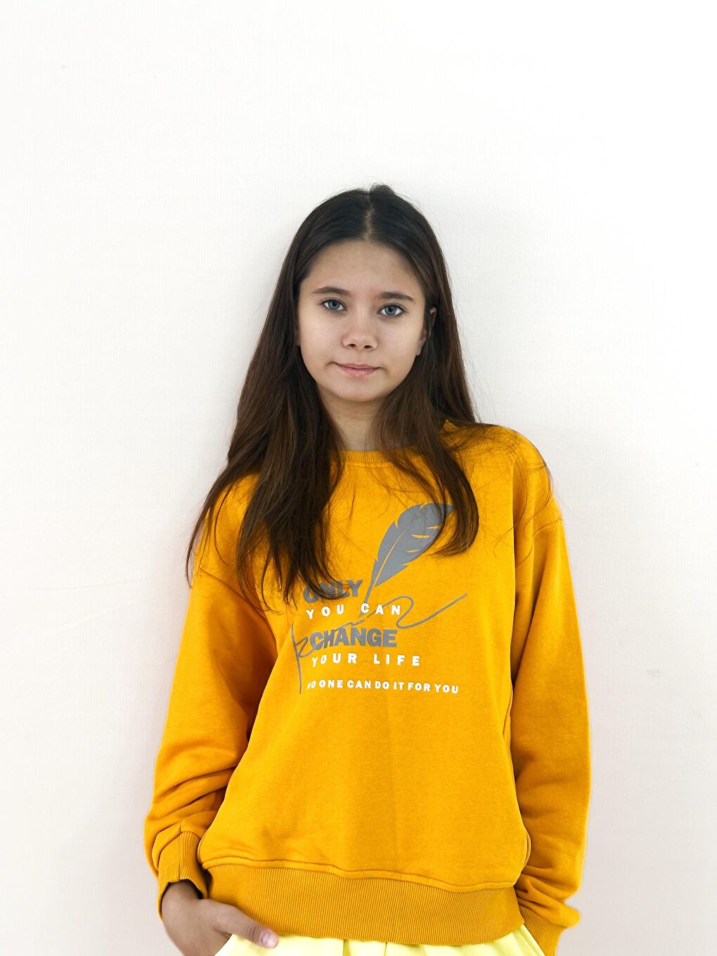 Sarı Unisex Bisiklet Yaka Baskılı Sweatshirt-1