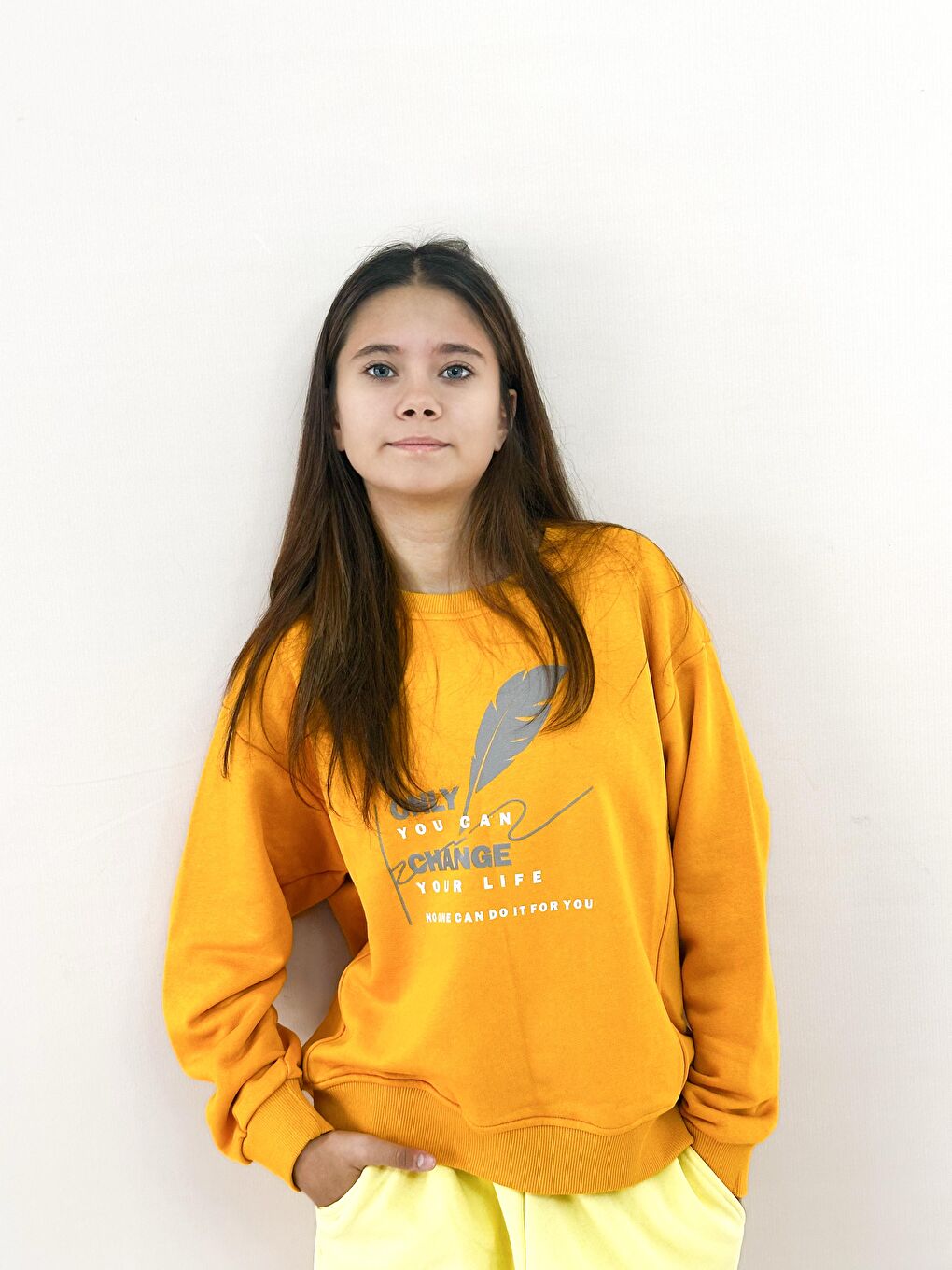 Sarı Unisex Bisiklet Yaka Baskılı Sweatshirt-2