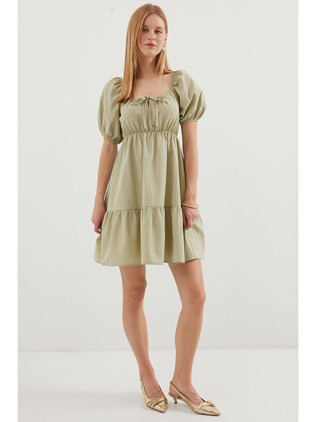 Yeşil 2351 Kloş Poplin Elbise - Çağla-1