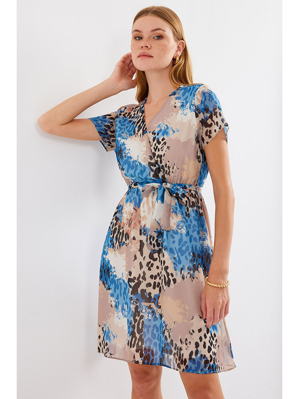 2502 Kısa Kol Desenli Şifon Elbise - Mavi-1