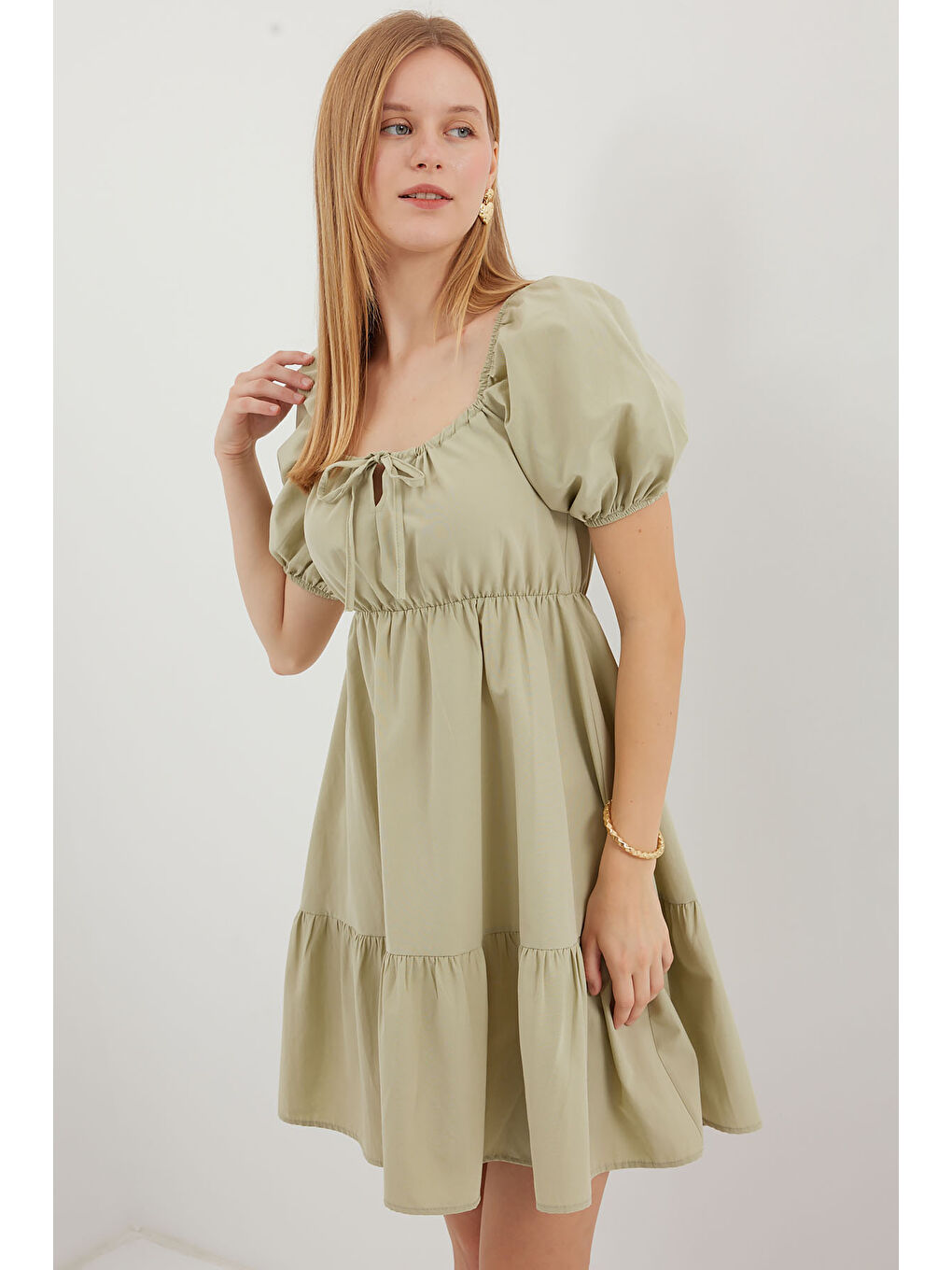 Yeşil 2351 Kloş Poplin Elbise - Çağla-2