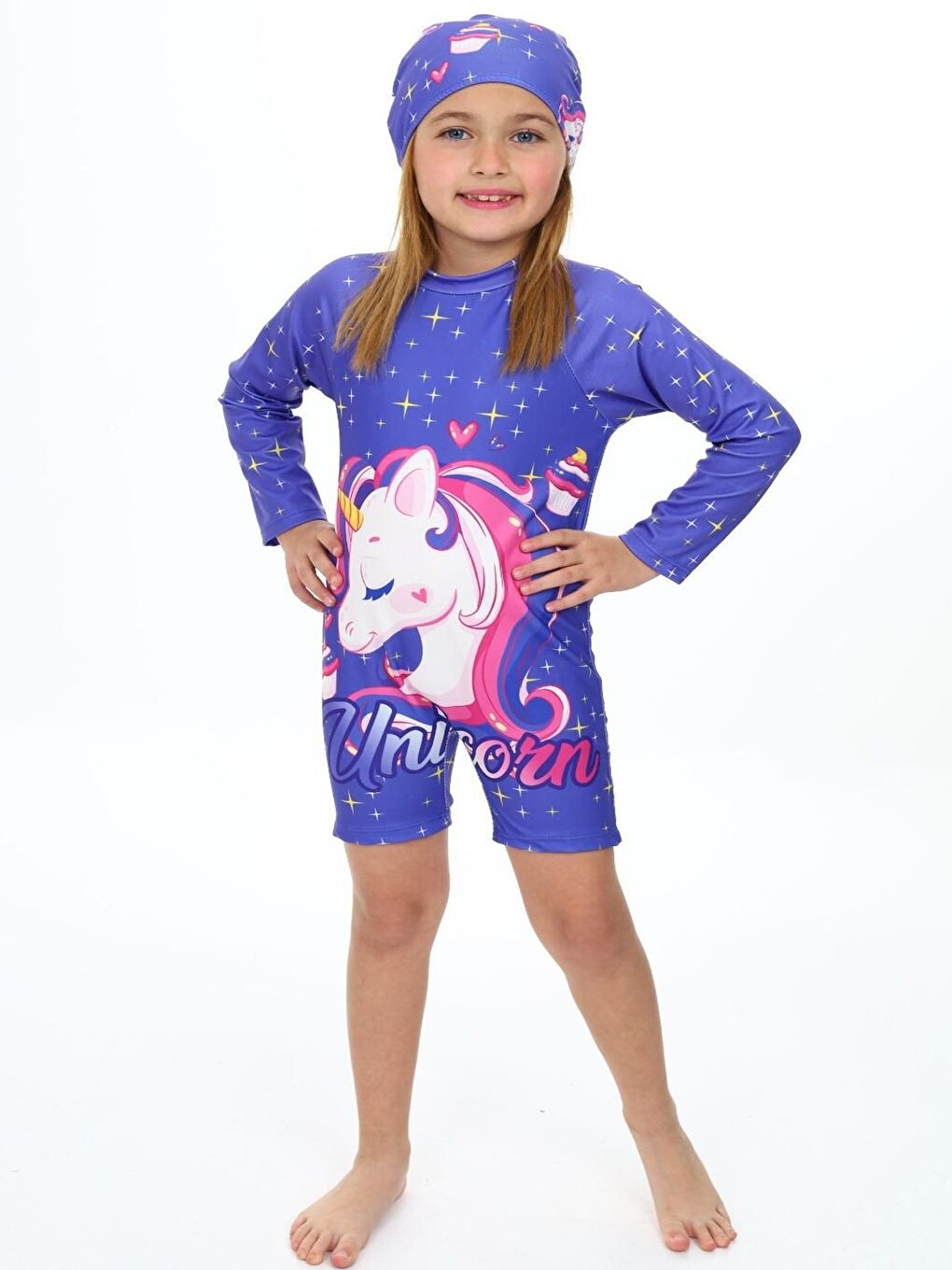 Lila Kız Çocuk Yüzücü Şortlu ve Boneli Mayo Takımı 3-10 Yaş 12235