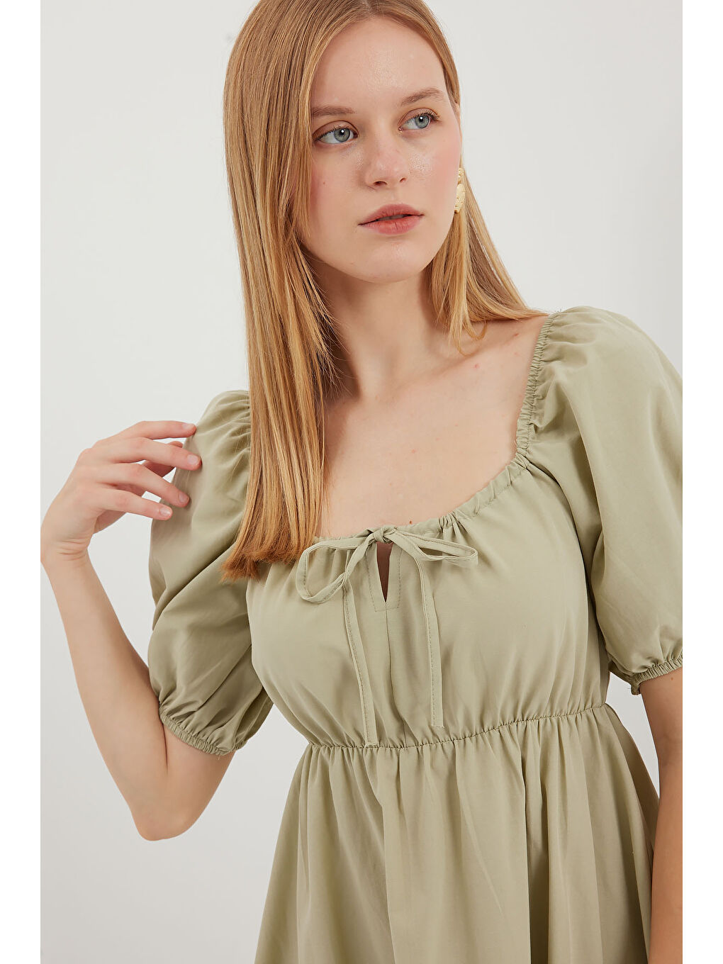 Yeşil 2351 Kloş Poplin Elbise - Çağla-3