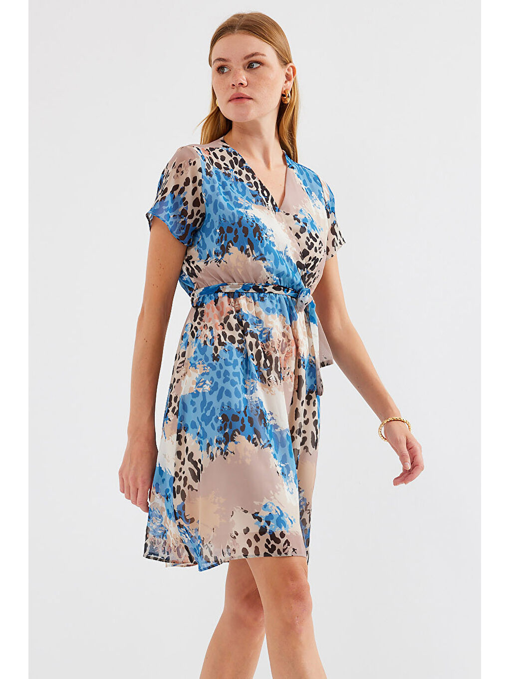 2502 Kısa Kol Desenli Şifon Elbise - Mavi-2