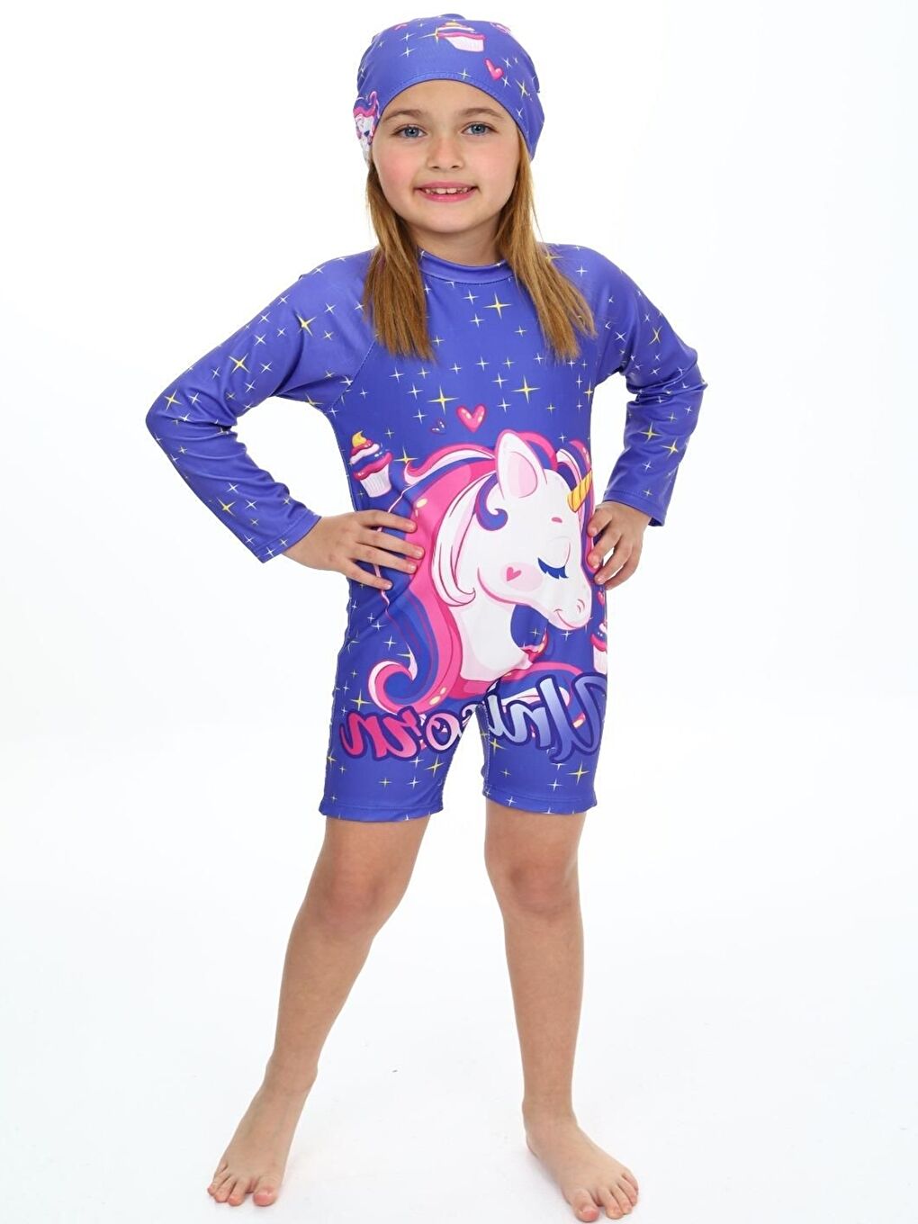 Lila Kız Çocuk Yüzücü Şortlu ve Boneli Mayo Takımı 3-10 Yaş 12235-1