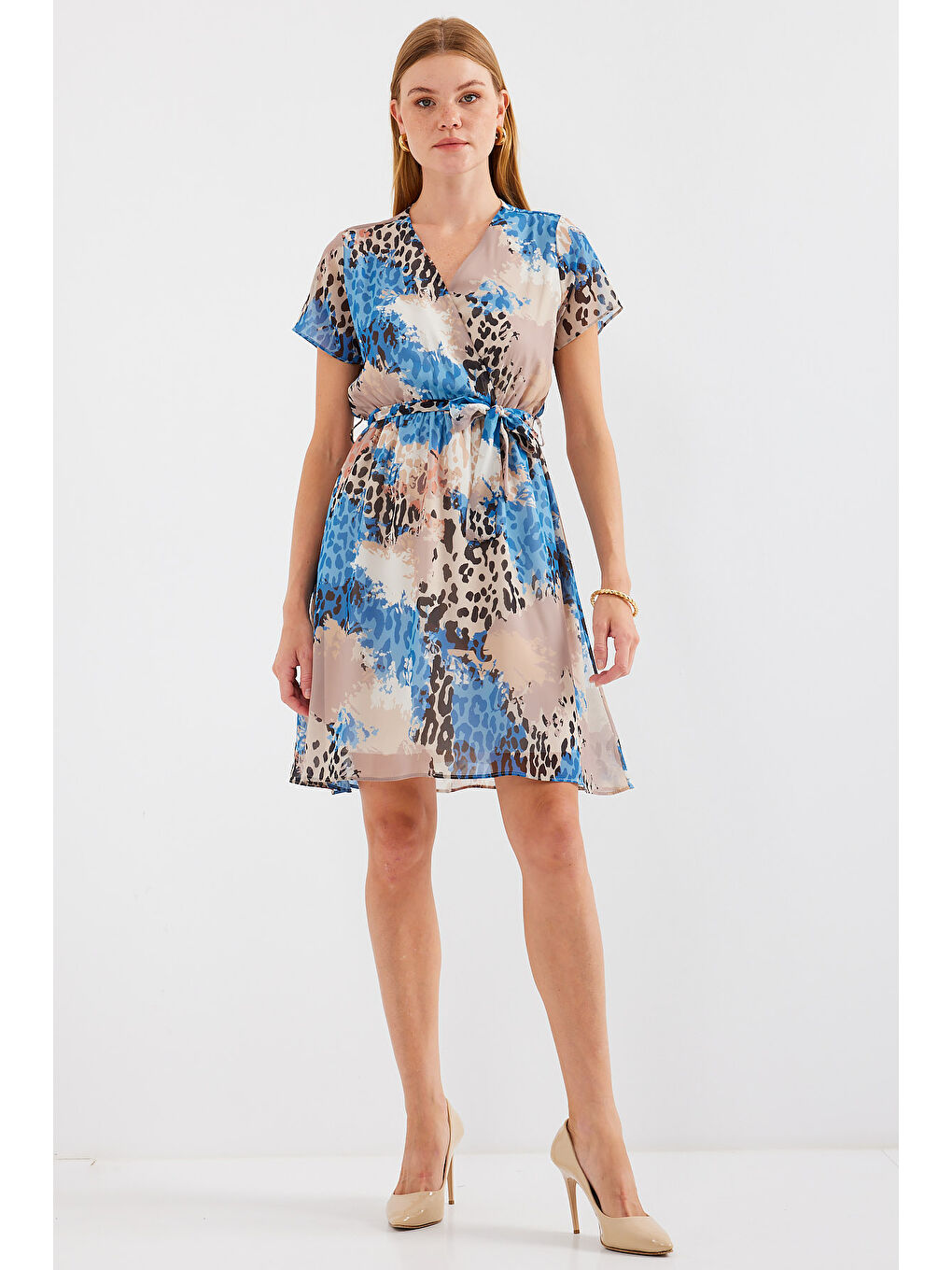 2502 Kısa Kol Desenli Şifon Elbise - Mavi-3