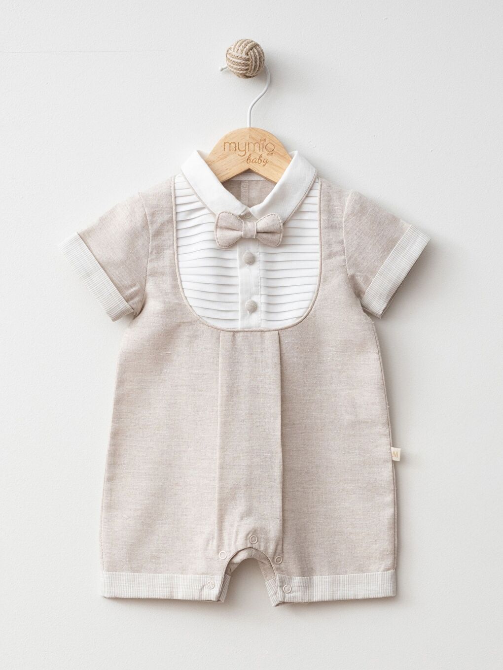 Kahverengi Gömlek Yaka Kısa Kollu Papyonlu Erkek Bebek Kısa Tulum