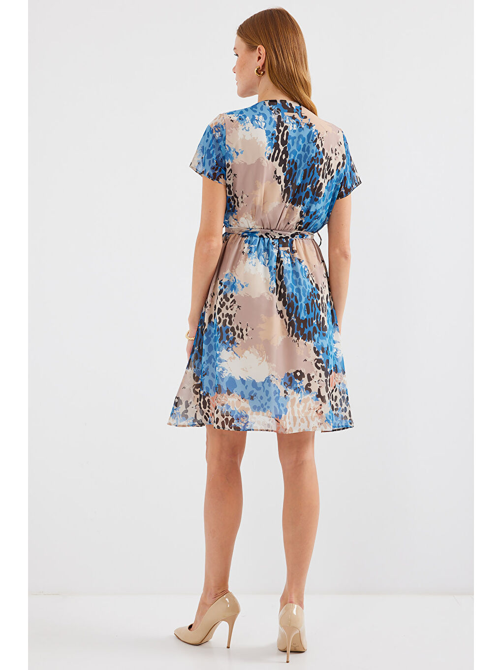 2502 Kısa Kol Desenli Şifon Elbise - Mavi-5