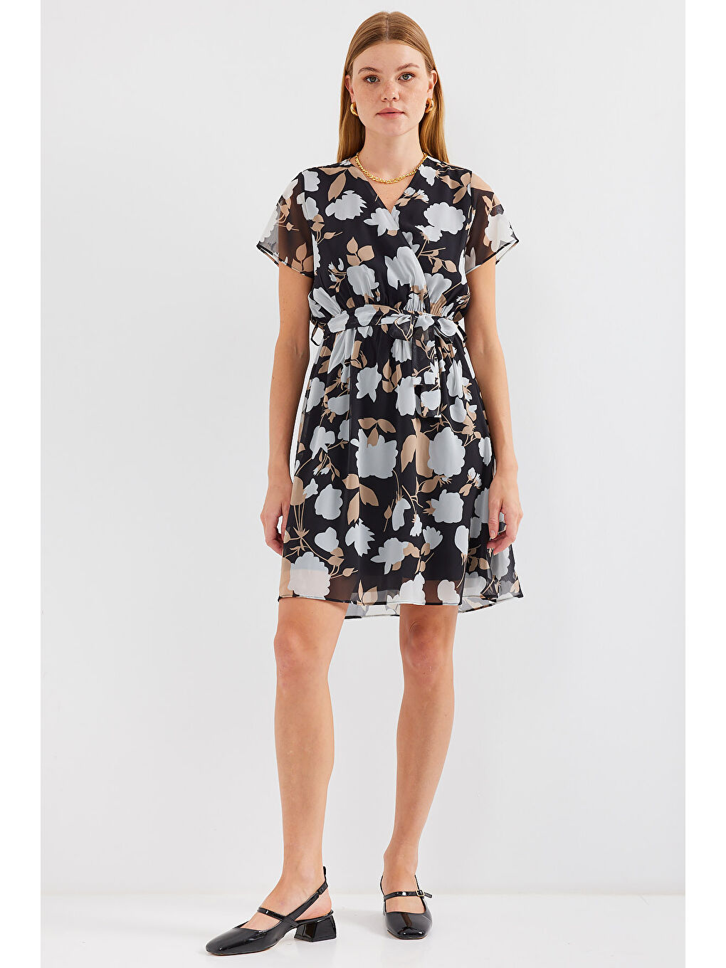 2502 Kısa Kol Desenli Şifon Elbise - A.Siyah-1