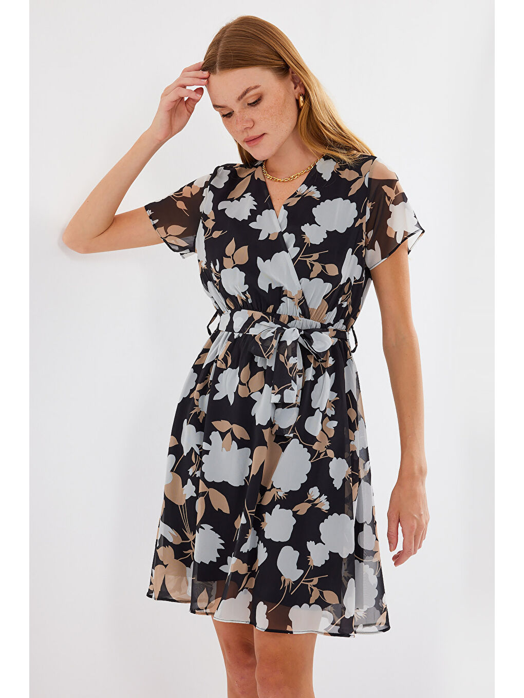 2502 Kısa Kol Desenli Şifon Elbise - A.Siyah-2