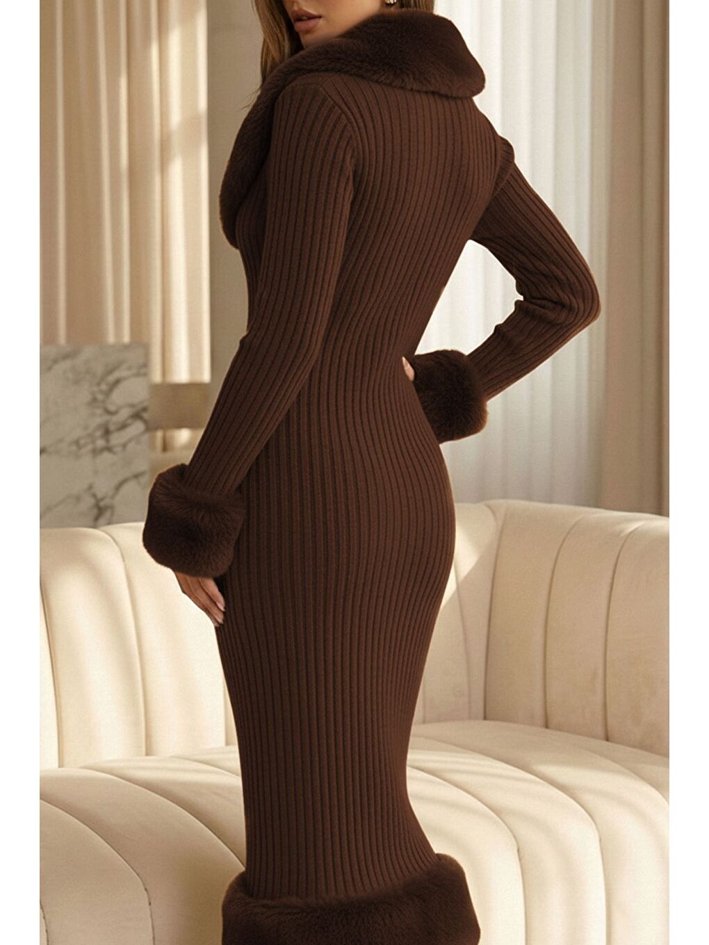 Kahverengi Kadın Yumoş Sakallı Triko Elbise-1