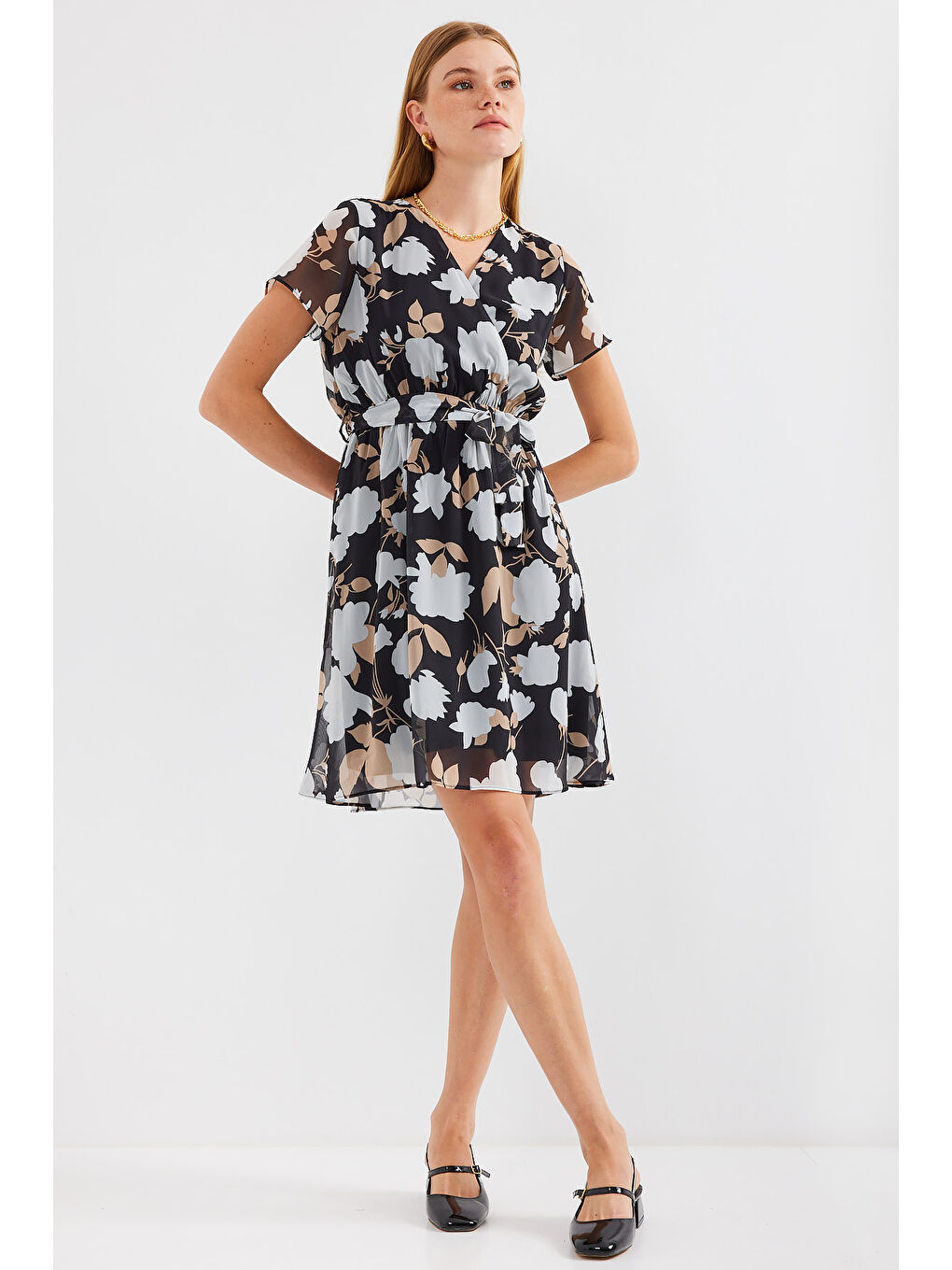 2502 Kısa Kol Desenli Şifon Elbise - A.Siyah-3