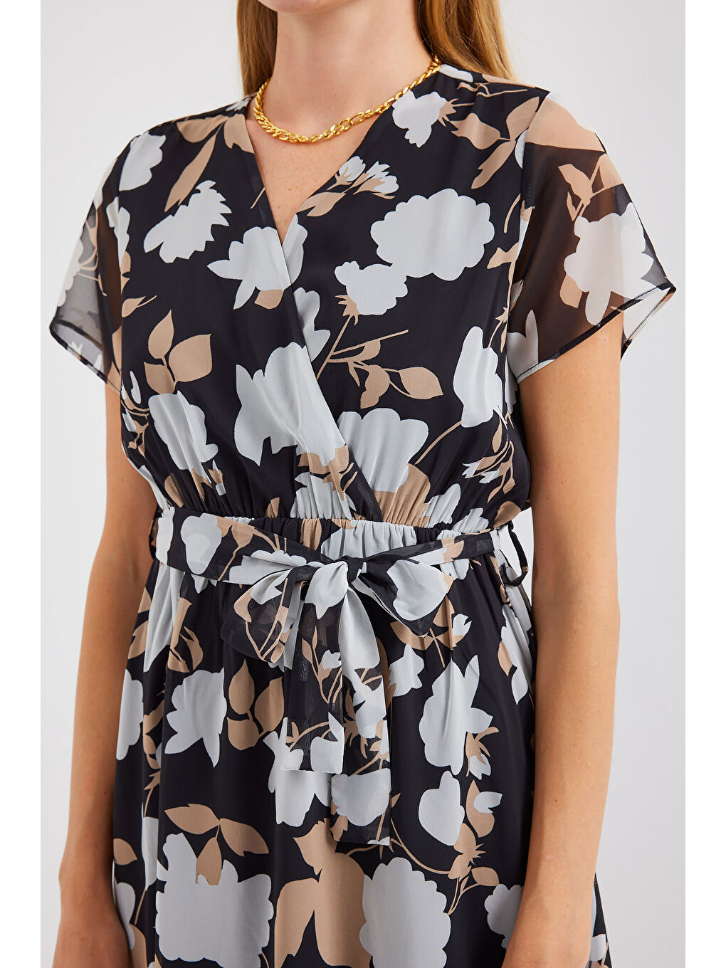 2502 Kısa Kol Desenli Şifon Elbise - A.Siyah-4