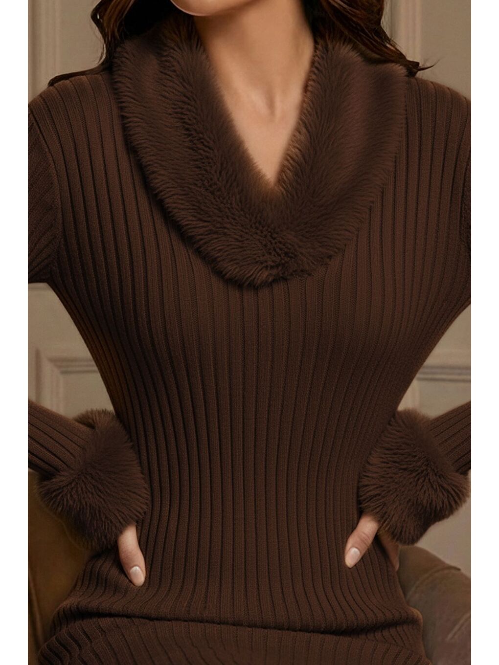 Kahverengi Kadın Yumoş Sakallı Triko Elbise-2