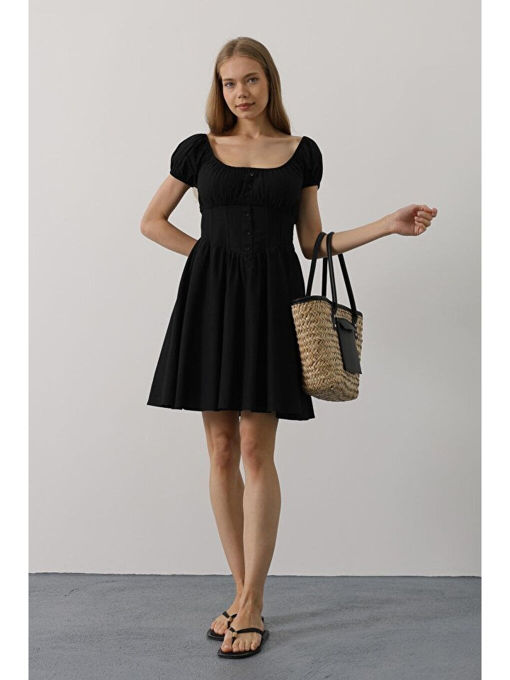 Beli Korseli Mini Elbise - Siyah-1