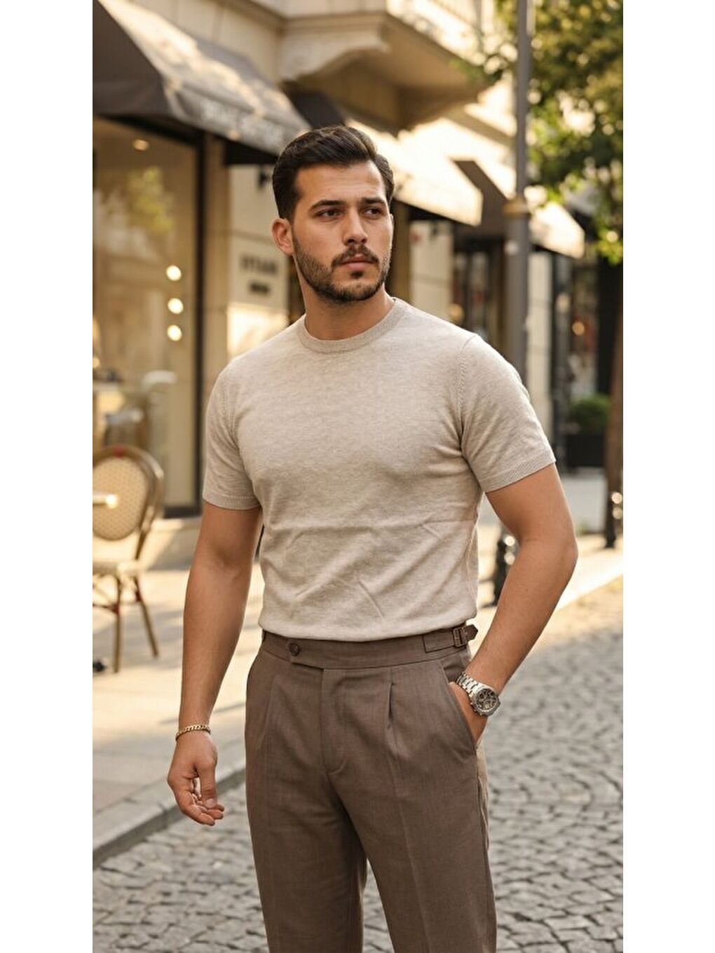 Bej Erkek Basic Bisiklet Yaka Kısa Kollu Triko Tişört