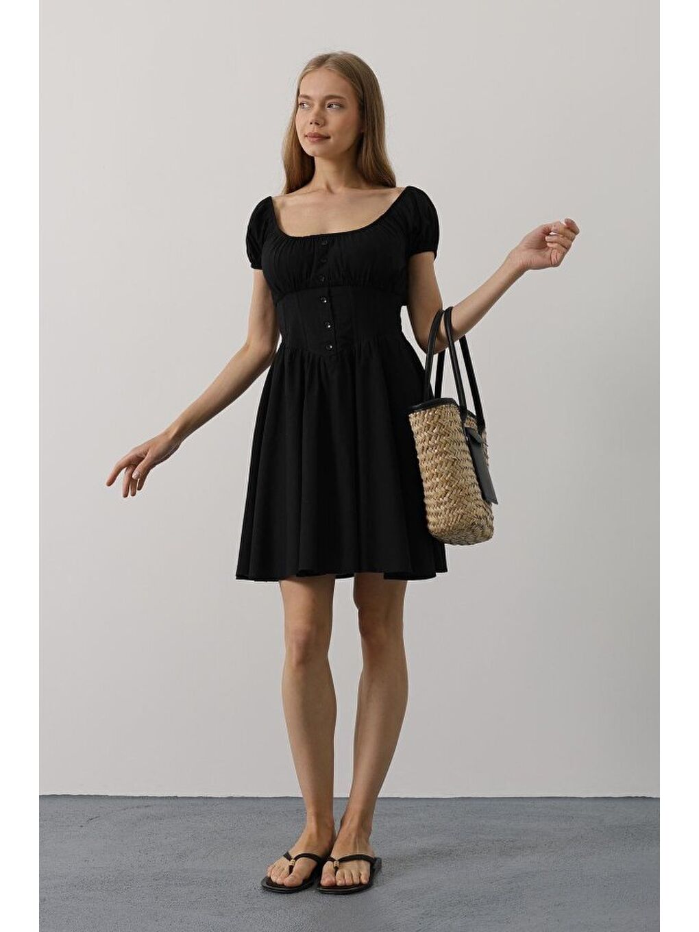 Beli Korseli Mini Elbise - Siyah-2