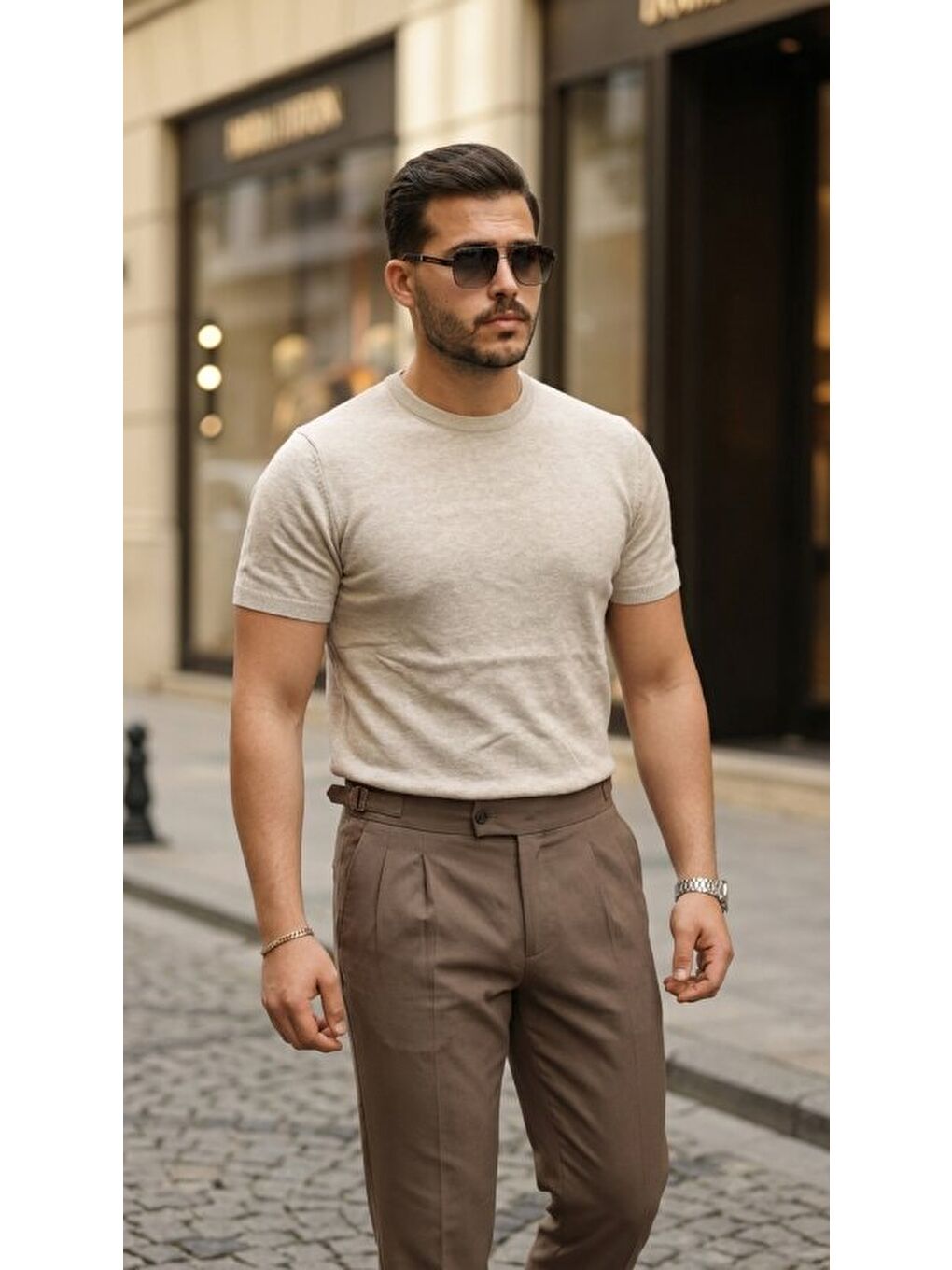 Bej Erkek Basic Bisiklet Yaka Kısa Kollu Triko Tişört-1