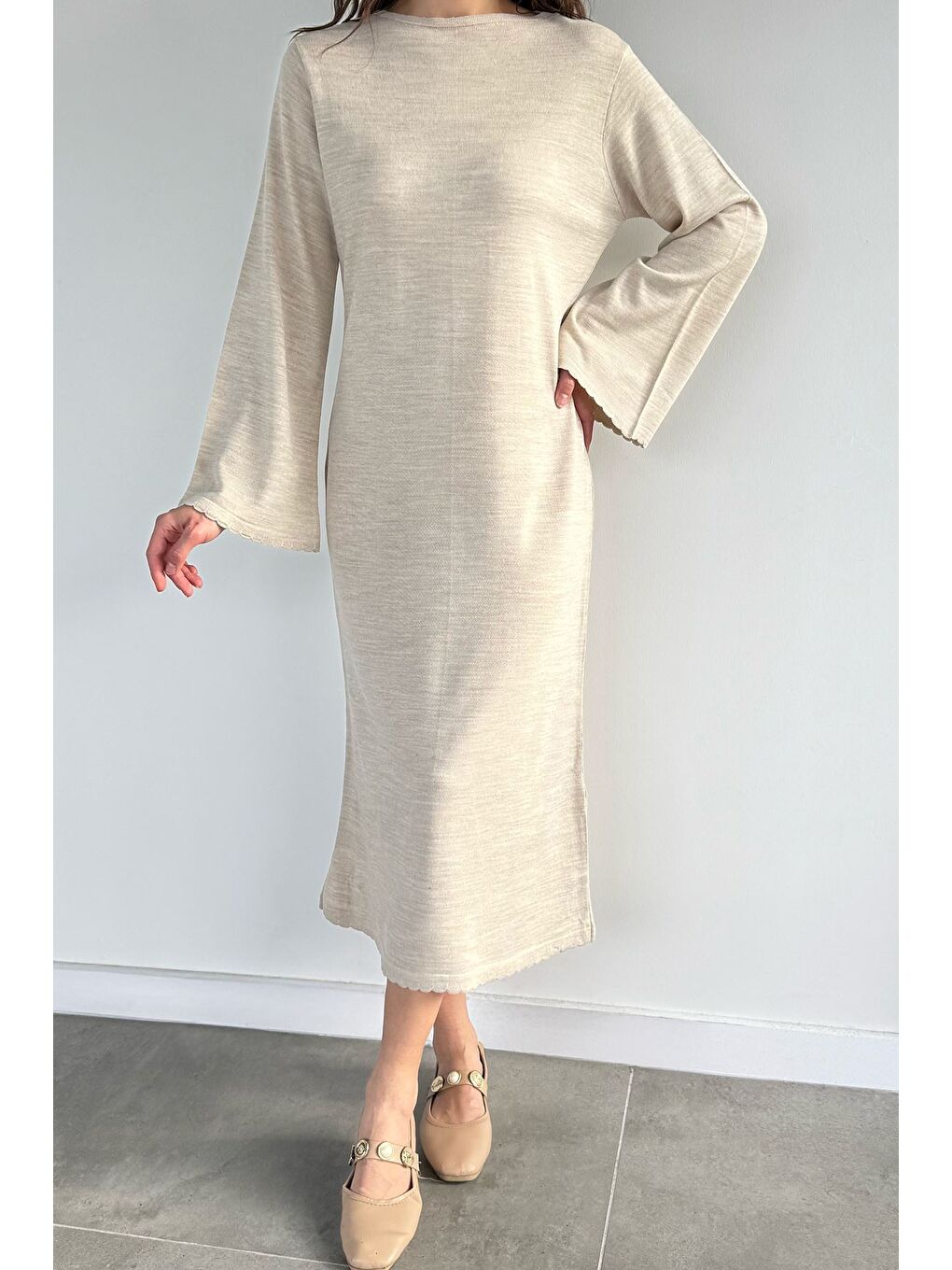 Bej Bisiklet Yaka Triko Elbise-1