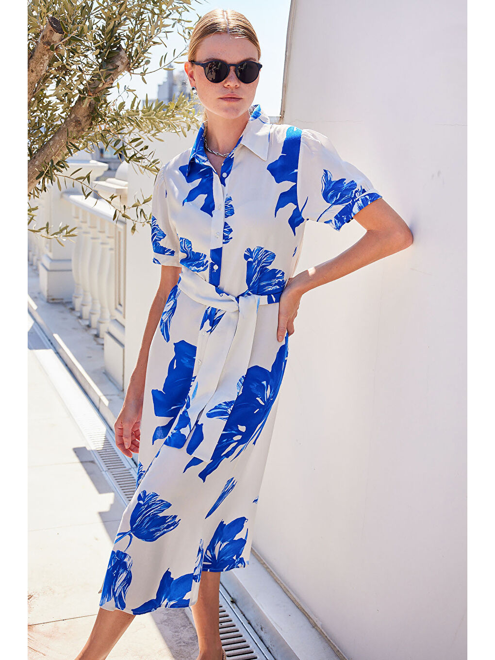 2213 Kısa Kol Viskon Elbise - Lacivert-3