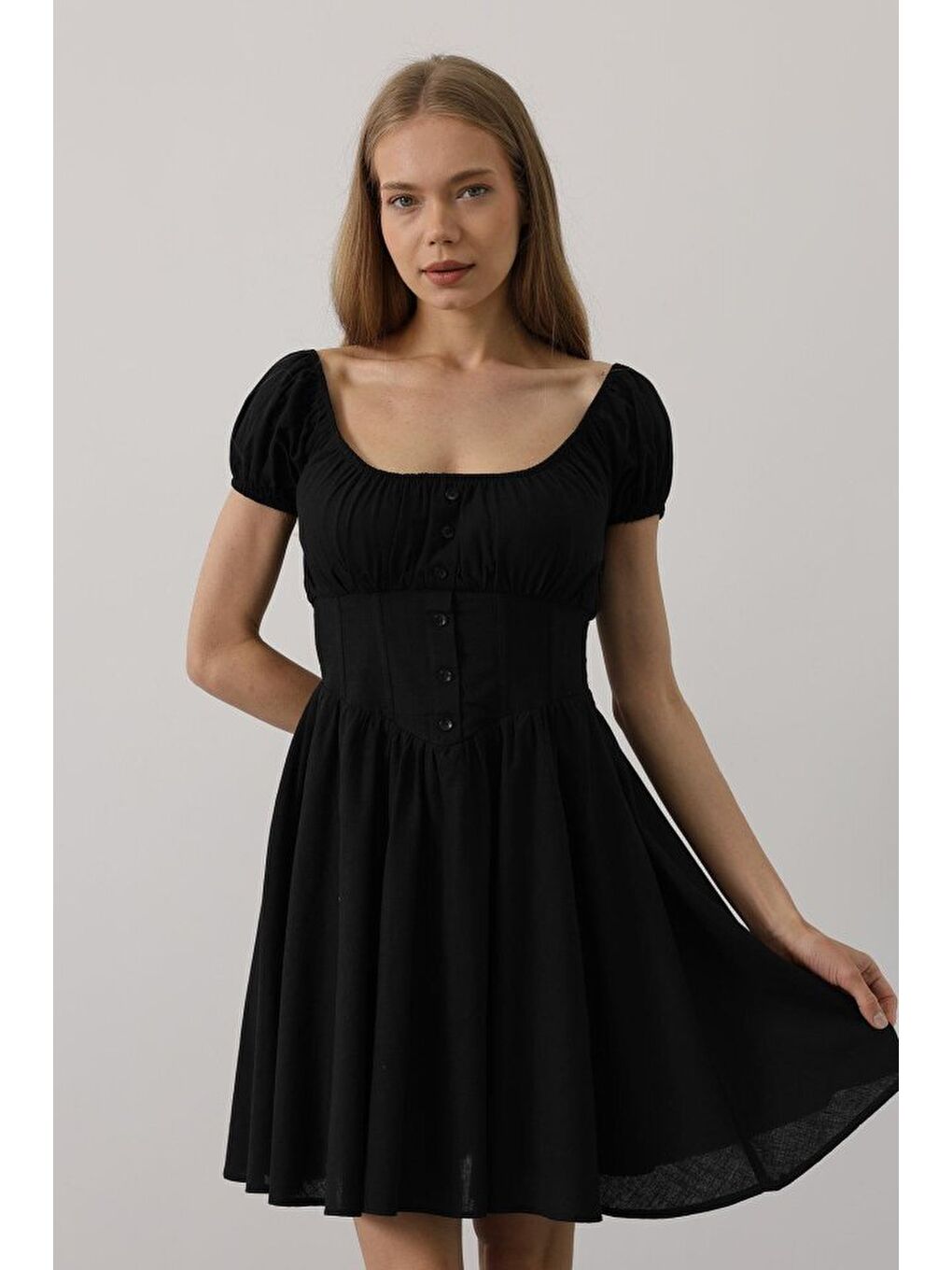 Beli Korseli Mini Elbise - Siyah-3