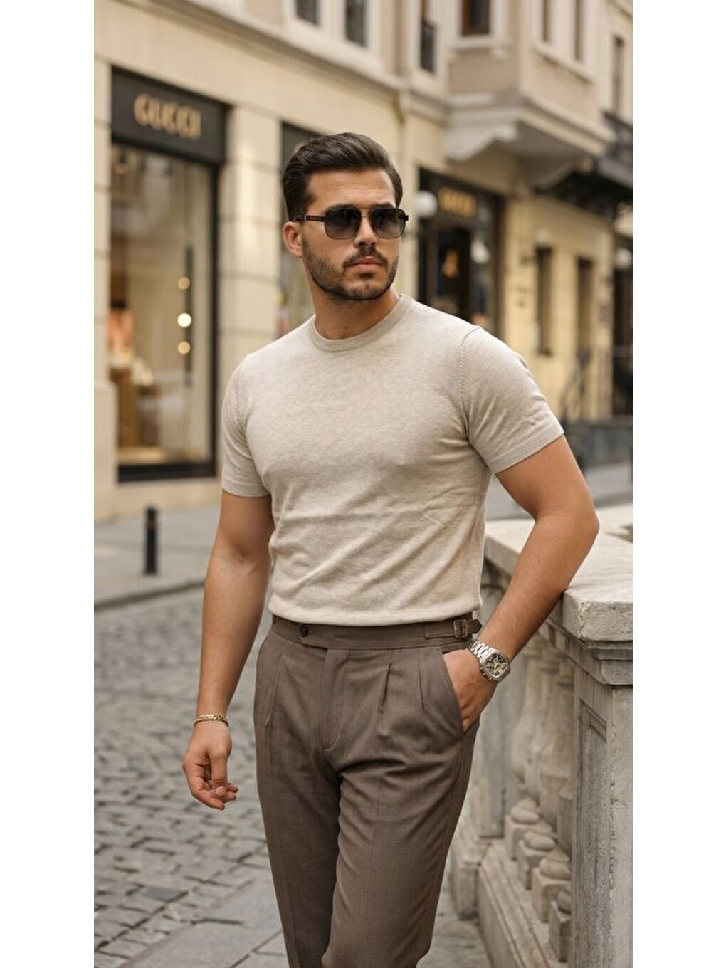 Bej Erkek Basic Bisiklet Yaka Kısa Kollu Triko Tişört-2
