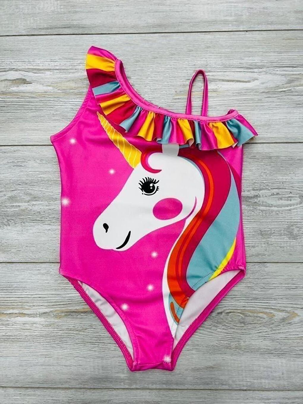 Fuşya Kız Çocuk Omuz Fırfırlı Mayo 3-10 Yaş 12236