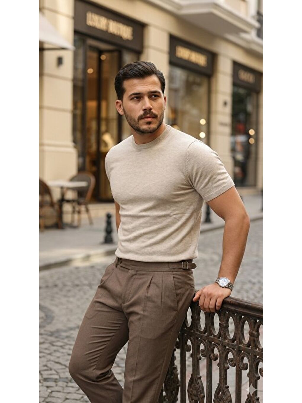 Bej Erkek Basic Bisiklet Yaka Kısa Kollu Triko Tişört-3