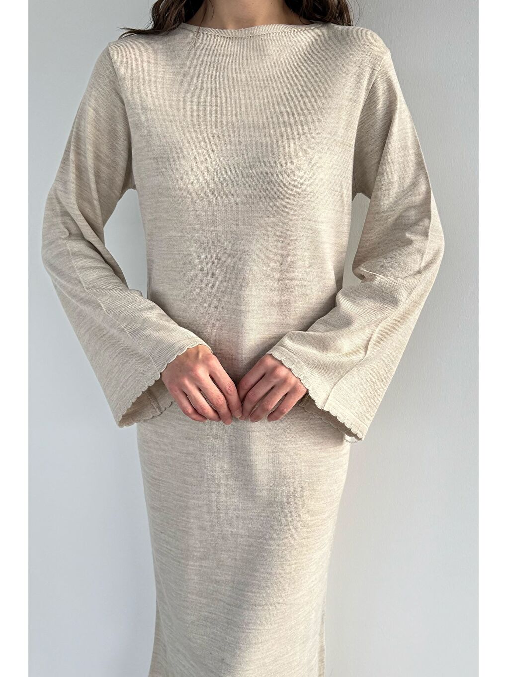 Bej Bisiklet Yaka Triko Elbise-2