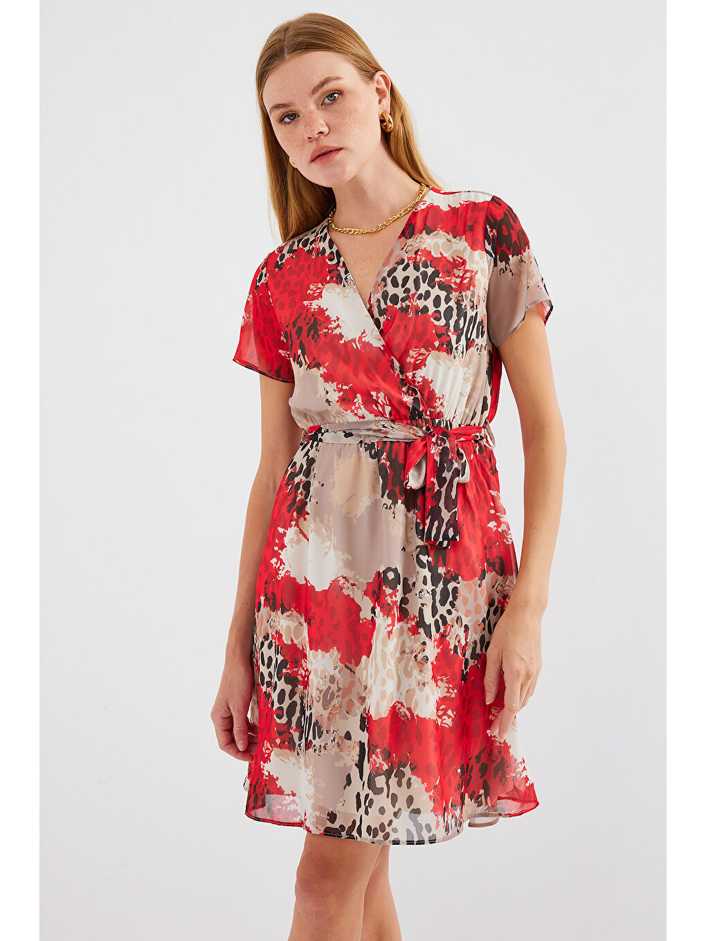 2502 Kısa Kol Desenli Şifon Elbise - Kırmızı-1